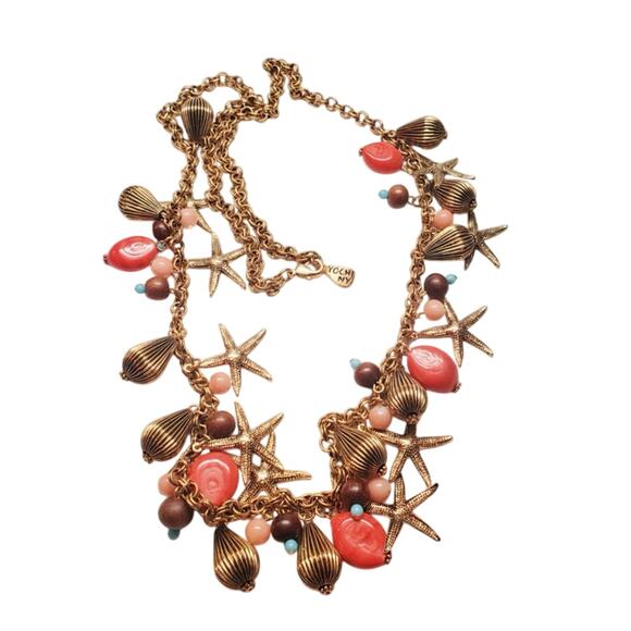 Yochi NY Signed Red Blue Starfish Faux Coral Turquoise Glass Statement Necklace - Picture 8 of 10